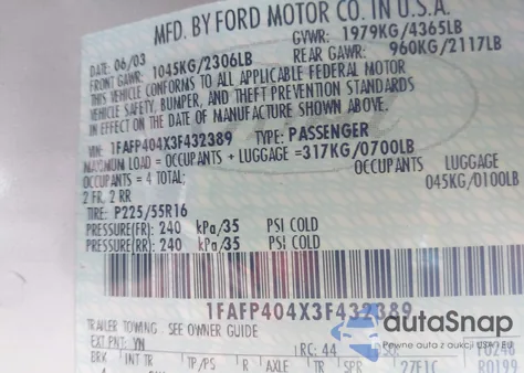 2003 Ford Mustang z USA, uszkodzony, nr VIN 1FAFP404X3F432389